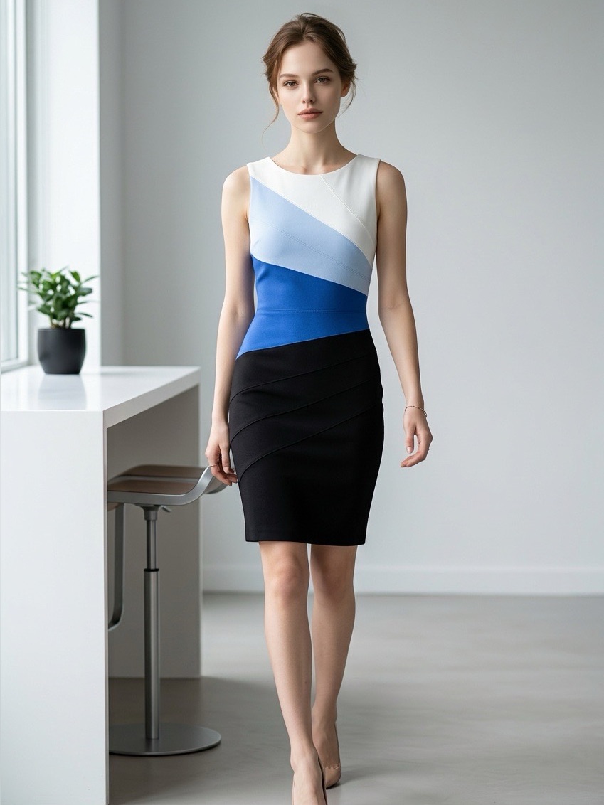 White House Black Market Colorblock Sheath Dress Blue Black White Size 2